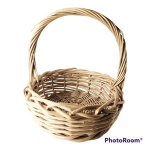 Vintage Wicker Rattan Gathering Handle Basket Round Market Farmhouse Cottagecore